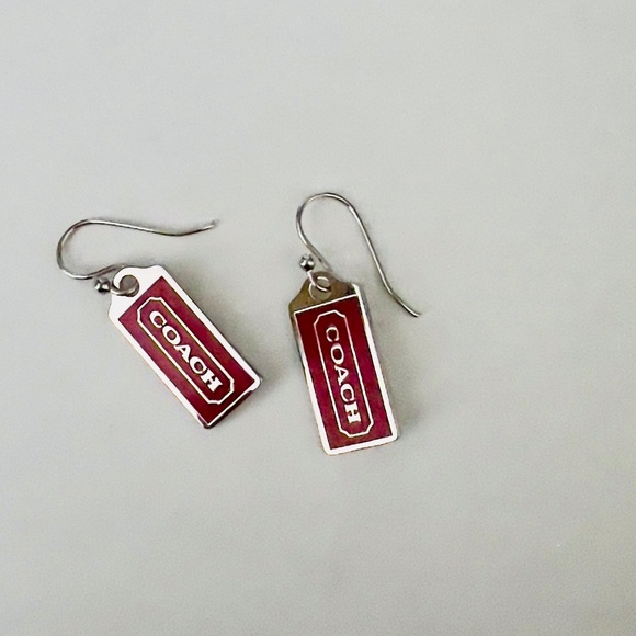 COACH SMALL RED  ICONIC SIGNATURE TAG EARRINGS STERLING EAR WIRES NEW - Picture 2 of 2